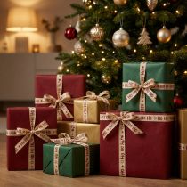 Artikel Kerstlint “Ho Ho Ho” cadeaulint beige 15mm 15m