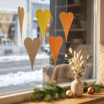 Artikel Hangende decoratie raam metalen harten, decoratieve harten om op te hangen beige/geel/oranje H10cm 6st