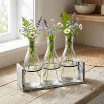 Artikel Rustieke flessenset in houten steun - 3 glazen flessen, grijswit, 24x8x20 cm - Veelzijdig ter decoratie