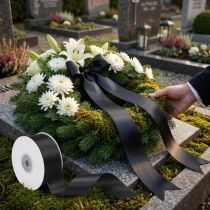 Artikel Cadeaulint zwart rouwbloemen decoratief lint 25mm 50m