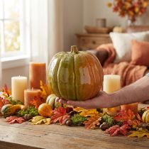 Artikel Decoratieve keramische pompoen in felgroene tinten - 17,5 cm - perfect voor herfsttafeldecoratie