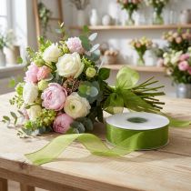 Artikel Organza lint groen cadeaulint geweven rand olijfgroen 25mm 50m