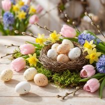 Artikel Decoratieve paaseieren met een gespikkeld oppervlak voor lentearrangementen, 3 cm, 24 stuks
