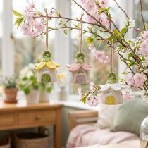 Artikel Hangende decoratie: keramische bloemvormige sprookjeshuisjes, 6 cm groot, 6 stuks.
