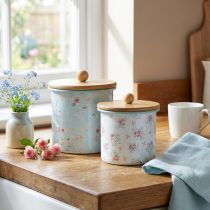 Artikel Emaille doos met deksel hout bloemenpatroon H10/12cm set van 2