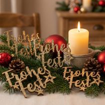 Artikel Happy Holidays strooidecoratie hout goud glitter 6,5x6cm 12st
