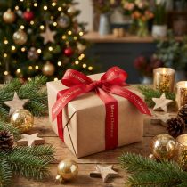 Artikel Rood kerstlint met gouden 'Merry Christmas'-opschrift, breedte 25 mm, lengte 20 meter