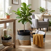 Artikel Set van 3 opbergmanden met handgrepen, plantenmand &amp; opbergbak, zwart-wit, natuurlijke afwerking, stapelbaar, Ø32/28/23cm, H30/25/19cm