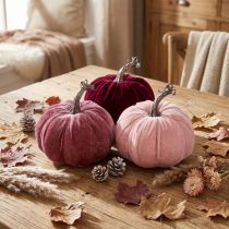 Artikel Decoratieve pompoenen geflockt bordeaux roze Ø13cm H11,5cm 3 st