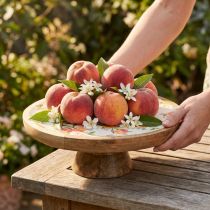 Artikel Decoratief bord met voet mangohout perzikmotief Ø26cm H9,5cm