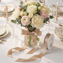 Artikel Decoratief satijnen lint, beige taftlint, 25 mm breed, 50 m lang.
