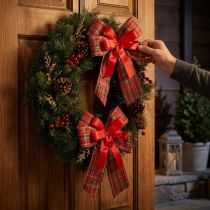 Artikel Decoratieve kerststrik, cadeaustrik, voor buiten, rood geruit, 6 cm breed, 20 x 29 cm, 2 stuks