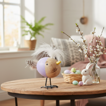 Artikel Decoratieve houten vogel met veren en een kleurrijk lijfje voor tafeldecoratie, 10 cm, 6 stuks