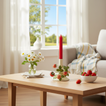 Artikel Metalen kandelaar met aardbeienversiering, zomercrème, H13cm