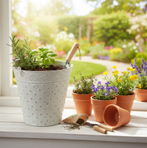 Artikel Decoratieve emmer, witgekalkt, met handvat, Ø20,5 cm, metalen plantenbak decoratie