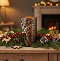 Artikel Glazen theelichthouder met reliëf van een hertenkop en bomen, winterdecoratie, 26 cm