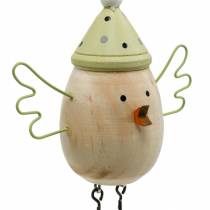 Lentedecoratie, houten vogels, wintervogel met hoed, houten label 4st