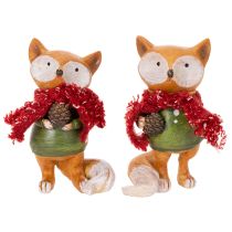 Artikel Decoratieve vos met sjaal en dennenappel, 10 cm, 2 stuks