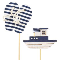 Artikel Tuinpaal Maritiem Houten Slippers Boot Blauw Wit 8cm 12 st