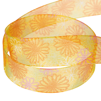 Artikel Cadeaulint, organza lint met bloemenprint, geel/oranje, 25 mm x 18 m