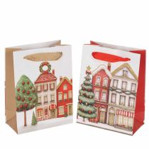 Artikel Kerstcadeautas met huisjes en kerstboom, 16 cm, 2 stuks