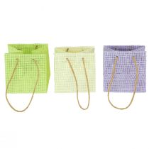 Cadeauzakjes geweven met hengsels groen, geel, paars 10,5cm 12st