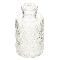 Artikel Mini glazen vaasje met diamantpatroon, klein tafelvaasje, flesje, transparant, 9 cm, 6 stuks