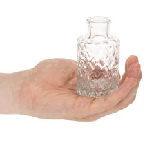 Artikel Mini glazen vaasje met diamantpatroon, klein tafelvaasje, flesje, transparant, 9 cm, 6 stuks