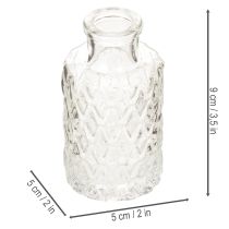 Artikel Mini glazen vaasje met diamantpatroon, klein tafelvaasje, flesje, transparant, 9 cm, 6 stuks
