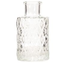 Artikel Mini glazen vaasje met diamantpatroon, klein tafelvaasje, flesje, transparant, 9 cm, 6 stuks