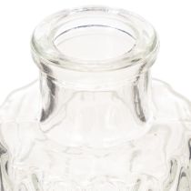 Artikel Mini glazen vaasje met diamantpatroon, klein tafelvaasje, flesje, transparant, 9 cm, 6 stuks