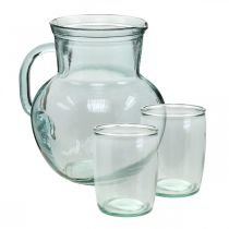 Glazen kan met drinkglazen, drankenset voor het serveren van blauwachtig helder H20cm/11,5cm 5 stuks