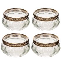 Artikel Glazen theelichthouders met decoratieve metalen rand, 6 cm, 4 stuks
