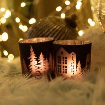 Lantaarns, theelichthouder glas kerst zwart Ø7cm 2st