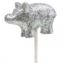 Geluksvarken oudejaars geluksbrenger op stok zilver 3cm 6st