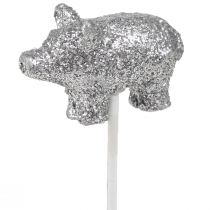 Artikel Geluksvarken oudejaars geluksbrenger op stok zilver 3cm 6st
