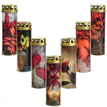 Grafkaarsen rouwkaarsen herfstmotieven kleur Ø6cm H20cm 6 stuks