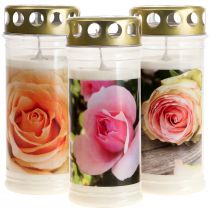 Grafkaarsen met rozen Grafdecoratie Ø7cm H16cm 3 stuks
