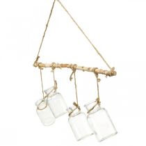 Artikel Houten raamdecoratie met hangende glazen vazen voor bloemstukken