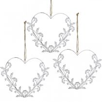 Decoratief hart om vintage paardenbloem op te hangen metaal wit 17,5cm 3st