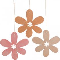 Deco bloem houten hanger houten bloem oranje/roze/geel 12 stuks