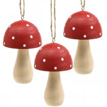 Vliegenzwam decoratieve paddestoelen houten paddestoel om op te hangen H8.5cm 6st
