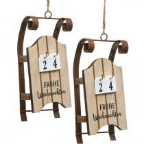 Artikel Decoratieve slee houten kalender advent roest L14,5cm 2st