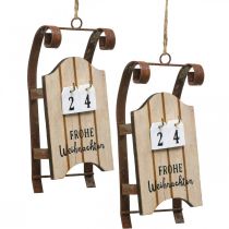 Decoratieve slee houten kalender Advent roest L14,5cm 2 stuks