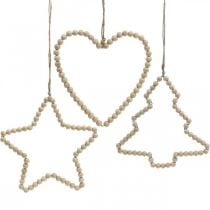 Deco hanger kerst houten kralen hart ster boom H16cm 3st