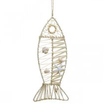 Maritieme visdecoratie met vlechtwerk en schelpen, decoratiehanger visvorm natuur 38cm