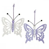 Hangdecoratie deco vlinders hout paars/wit 12×11cm 4st
