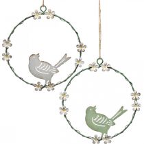Krans met vogel, metalen decoratie om op te hangen, lente wit/groen Ø14.5cm set van 2