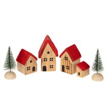 Artikel Houten decoratieve huisjesset met rode daken en sparren, 12 cm, 6 stuks