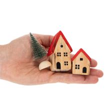 Artikel Houten decoratieve huisjesset met rode daken en sparren, 12 cm, 6 stuks